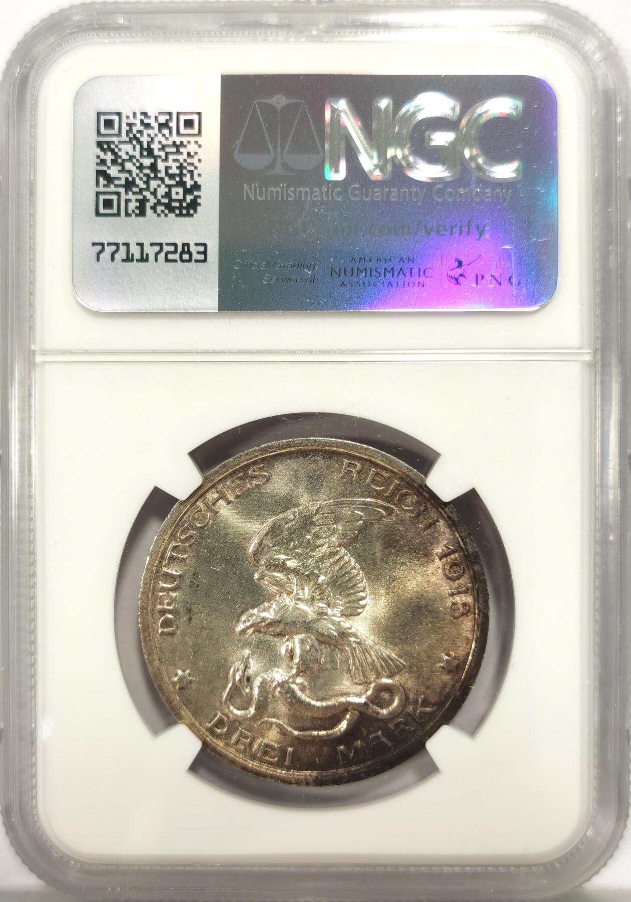 博洋堂世界钱币拍卖第136期（全场包邮） NGC MS64+ 德国普鲁士1913年战胜拿破仑纪念3马克银币 原光带彩