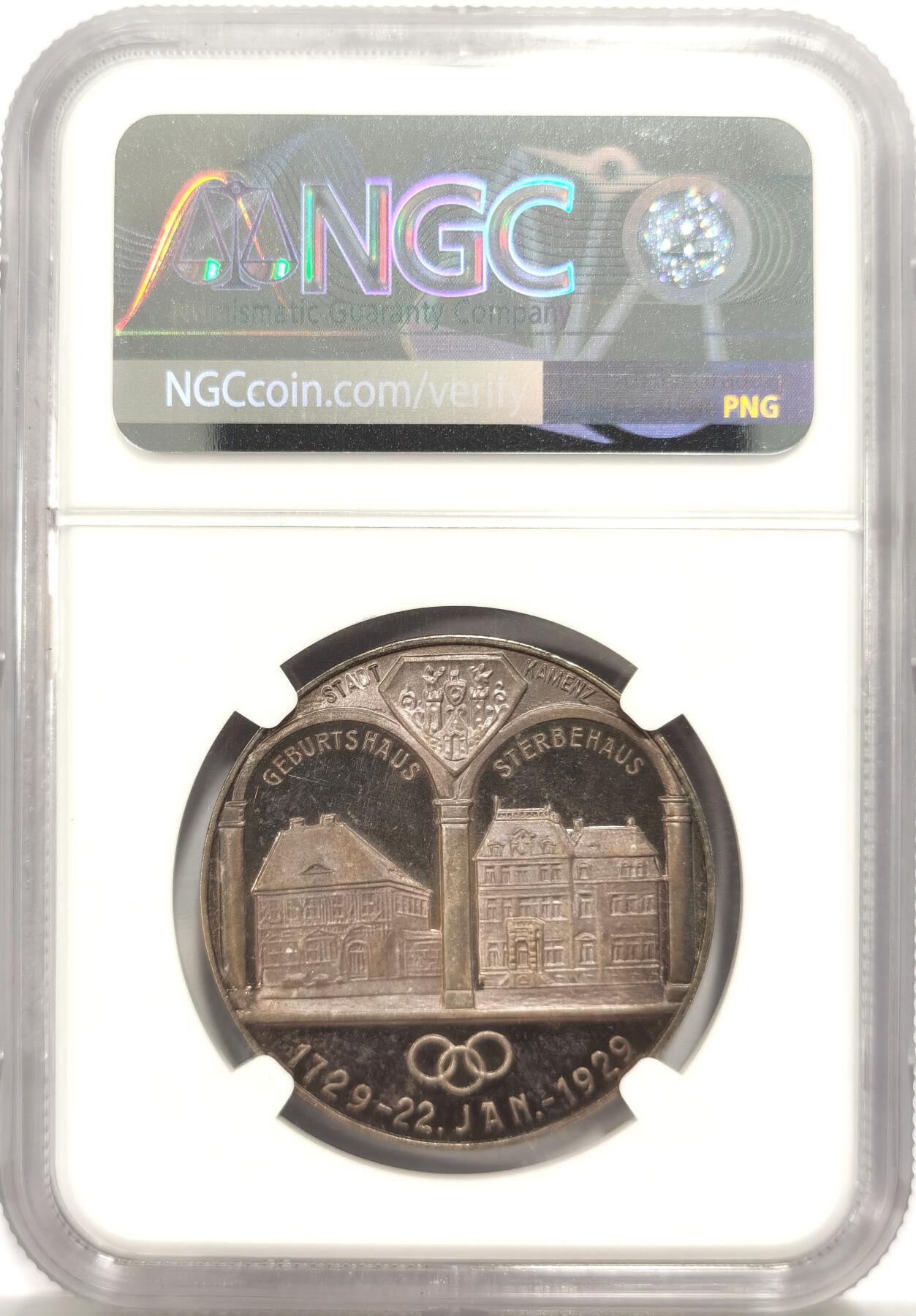 博洋堂世界钱币拍卖第136期（全场包邮） NGC MS63 唯一冠军分！德国莱尔纪念歌特霍尔德200周年银币，超高浮雕，背面莱尔城市街景构图。