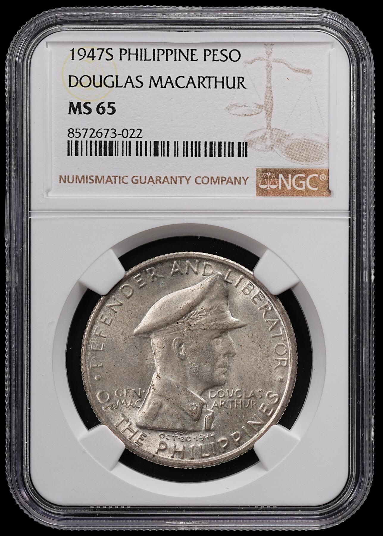 修遠堂世界钱币第八十二期 NGC MS65 1947年菲律宾-麦克阿瑟纪念1比索大银币