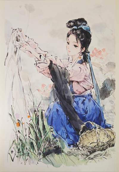 白泽拍卖卡牌手绘专场第23期（中庭淡月照三更，白露洗空河汉明） - 2025 迟迟手绘画 西施浣纱 尺寸：24.5cm*37.5cm