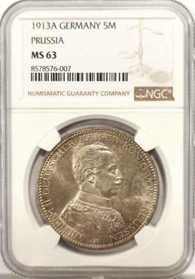 博洋堂世界钱币拍卖第136期（全场包邮） - NGC MS63 德国普鲁士1913年威廉二世军装5马克银币 包浆自然 转光明显