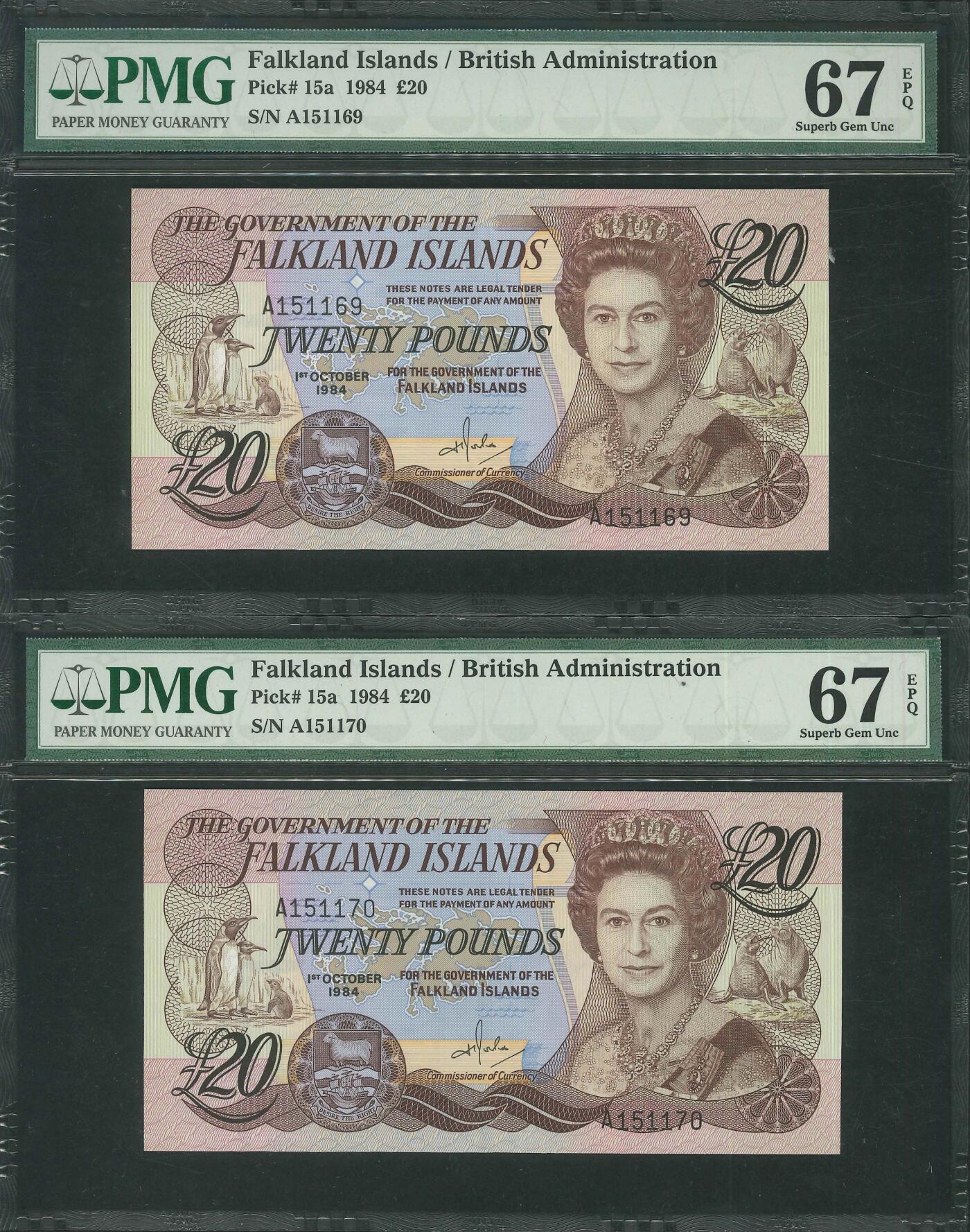悠历世界钱币拍卖 世界钱币拍卖 Falkland Islands, 1984, 20 Pounds, P-15a, S/N. A151169-170, PMG 67EPQ. 2 consecutive.