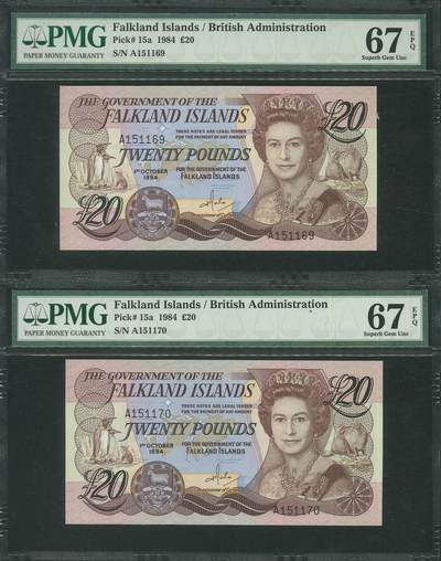 悠历世界钱币拍卖 世界钱币拍卖 - Falkland Islands, 1984, 20 Pounds, P-15a, S/N. A151169-170, PMG 67EPQ. 2 consecutive.