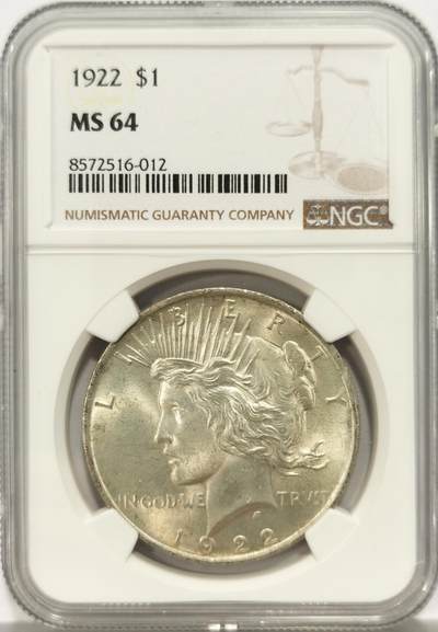 博洋堂世界钱币拍卖第136期（全场包邮） - NGC MS64 美国1922年和平银币，币面丝绸光，值得收藏