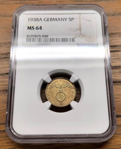 凡希社世界钱币微拍月度大拍（2025/8） - 1938A德国万字5芬尼黄铜币NGC-MS64