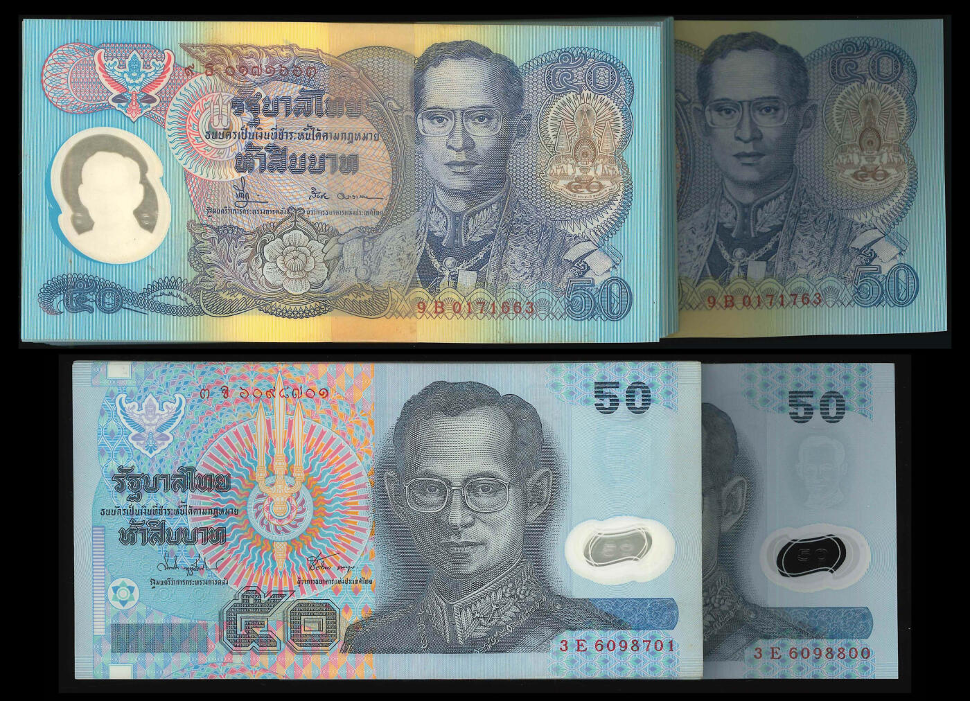 悠历世界钱币拍卖 世界钱币拍卖 Thailand, 1996/97, 50 Baht, S/N. 9B 0171663-763/ 3E 6098701-800, UNC. 2 Bundles of 100 consecutive.