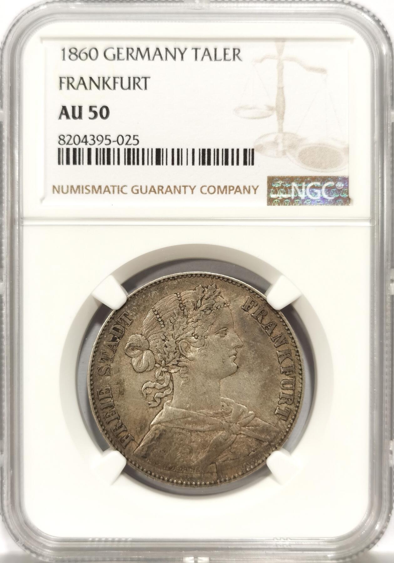 博洋堂世界钱币拍卖第136期（全场包邮） NGC AU50 德国法兰克福1860年少女泰勒，原汁原味