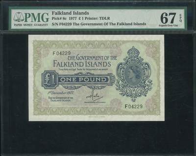 悠历世界钱币拍卖 世界钱币拍卖 - Falkland Islands, 1977, 1 Pound, P-8c, S/N. F04229, PMG 67EPQ.