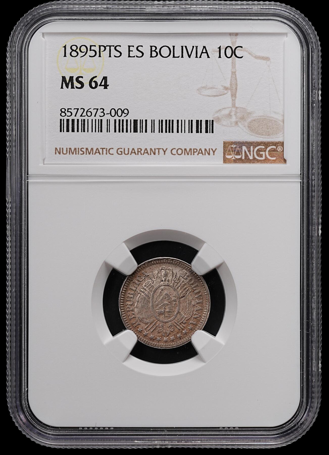 修遠堂世界钱币第八十二期 NGC MS64 1895年玻利维亚10分银币 仅铸造2万枚
