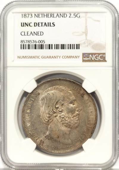 博洋堂世界钱币拍卖第136期（全场包邮） - NGC UNC 荷兰1873年威廉三世2.5盾银币 发丝胡子高点清晰 带底光