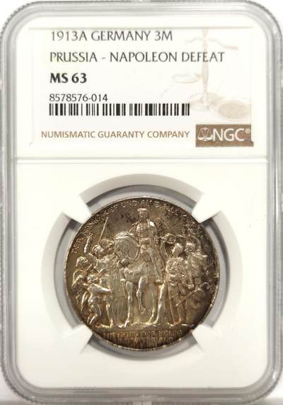 博洋堂世界钱币拍卖第136期（全场包邮） - NGC MS63 德国普鲁士1913年战胜拿破仑纪念3马克银币 五彩包浆
