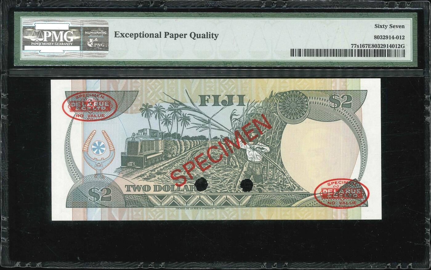 悠历世界钱币拍卖 世界钱币拍卖 Fiji, 1980, 2 Dollars, P-77s1, S/N. C/1 000000 025, Specimen, PMG 67EPQ.