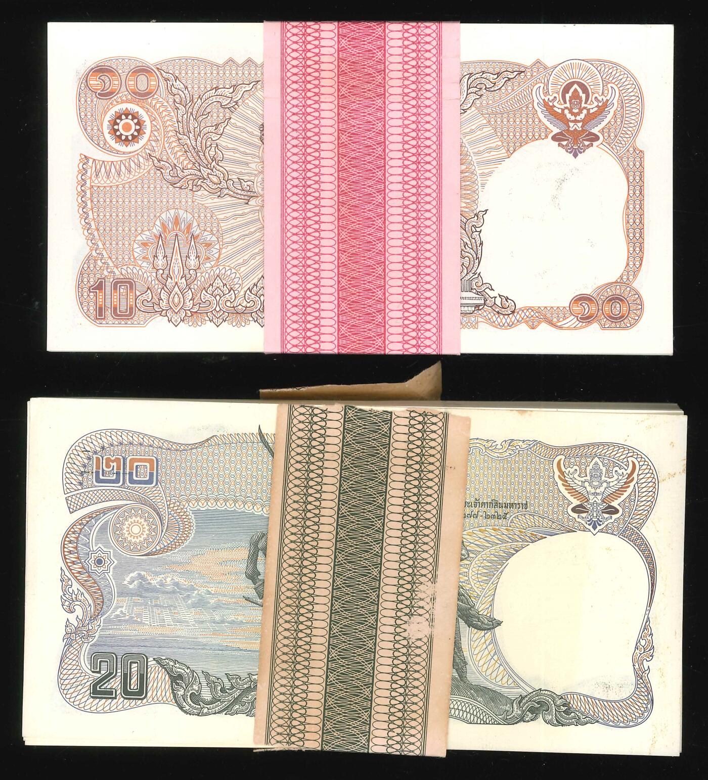 悠历世界钱币拍卖 世界钱币拍卖 Thailand, 1981/95, 10 Baht/20 Baht, S/N. 6C0666601-700 / 3J2007001-100, UNC. 2 Bundles of 100 consecutive.