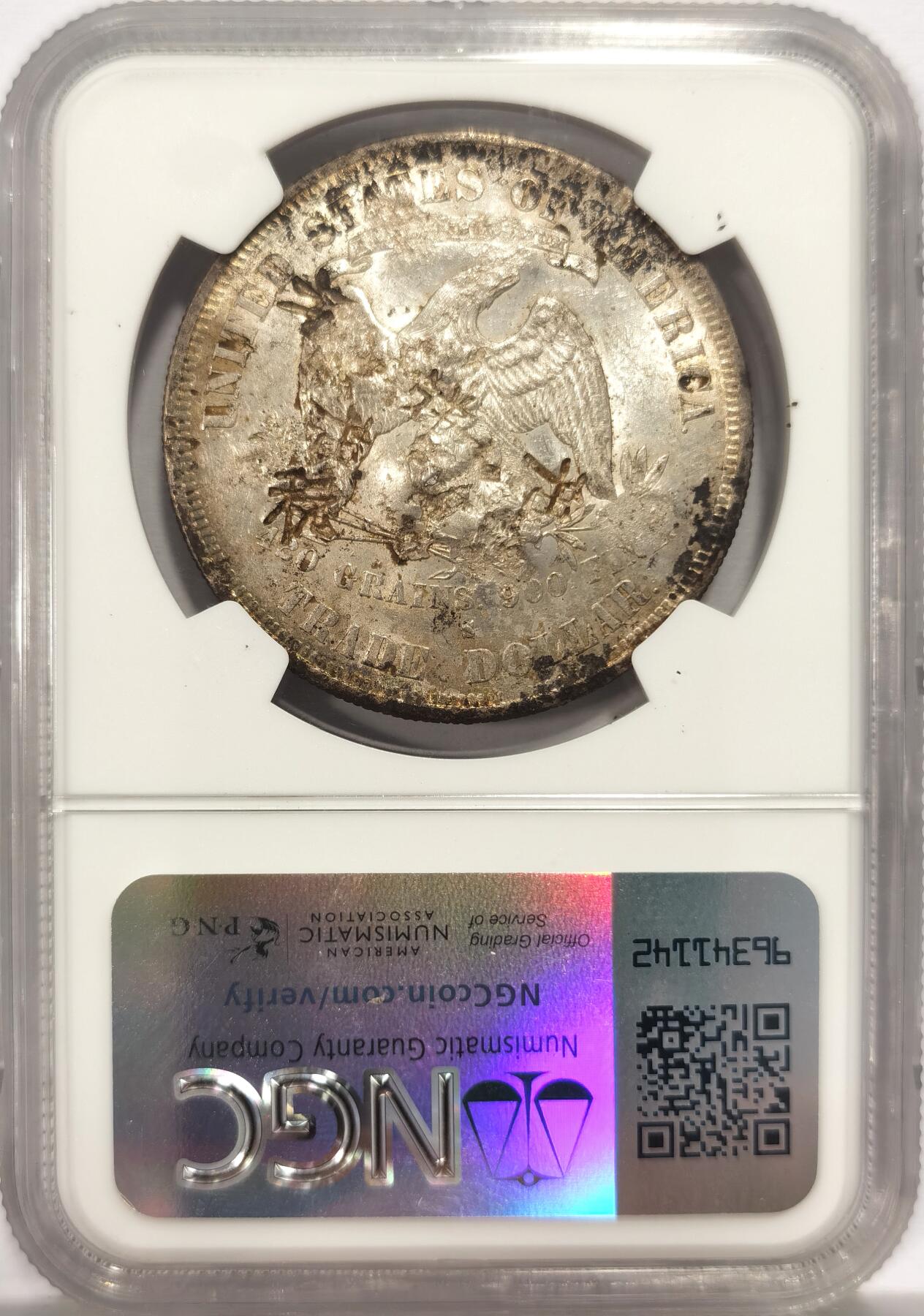 博洋堂世界钱币拍卖第136期（全场包邮） NGC CHOPMARKED 美国贸易银1877s，AU底板有多个清晰汉字戳记和画押，美国贸易银（拿花）作为晚清流入广东福建一带的银元被钱庄打戳才能使用，随着拿花被回收，这些打戳的拿花也成了历史。