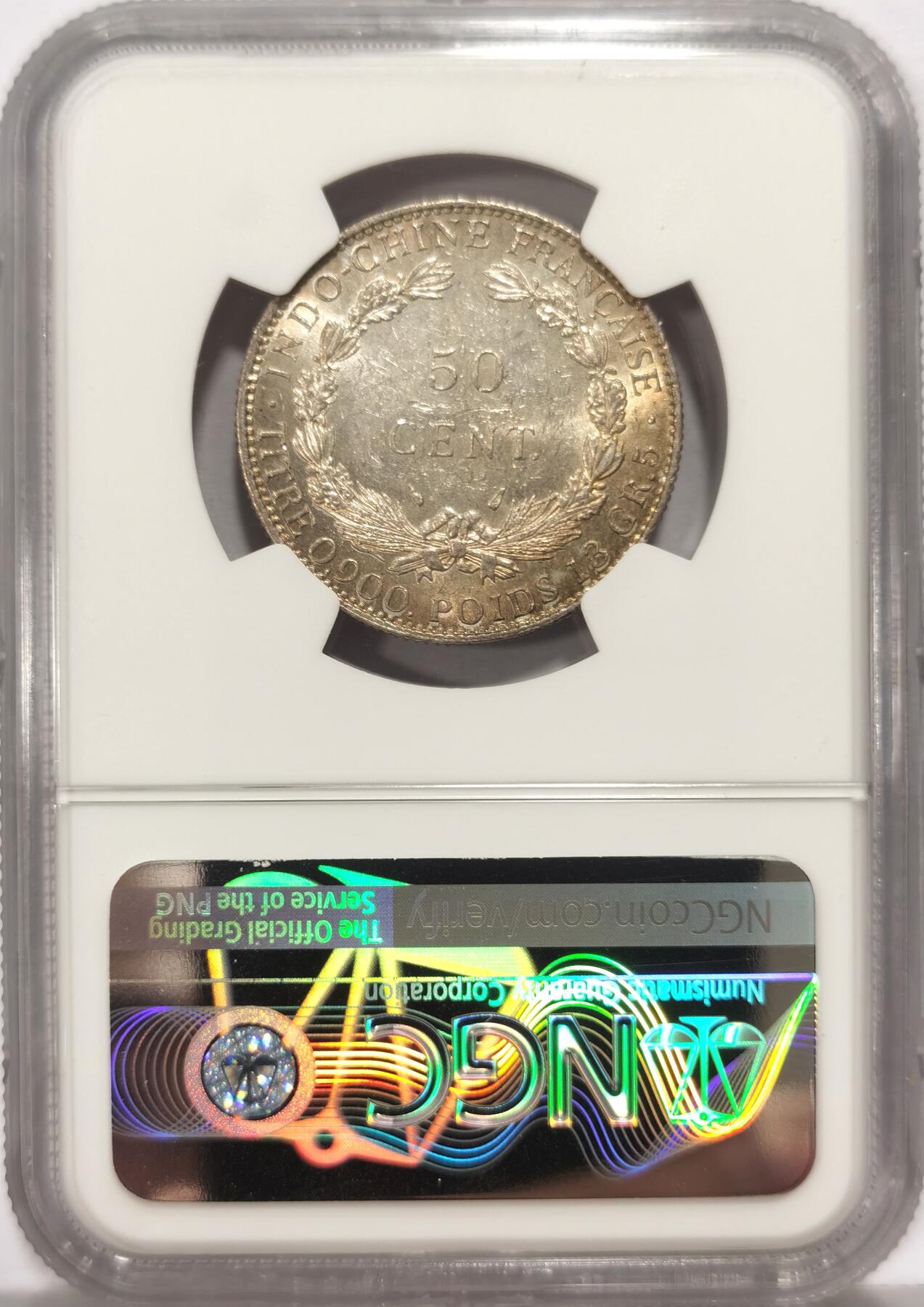 博洋堂世界钱币拍卖第136期（全场包邮） NGC MS61 法属印支1936年50C银币，彩包浆