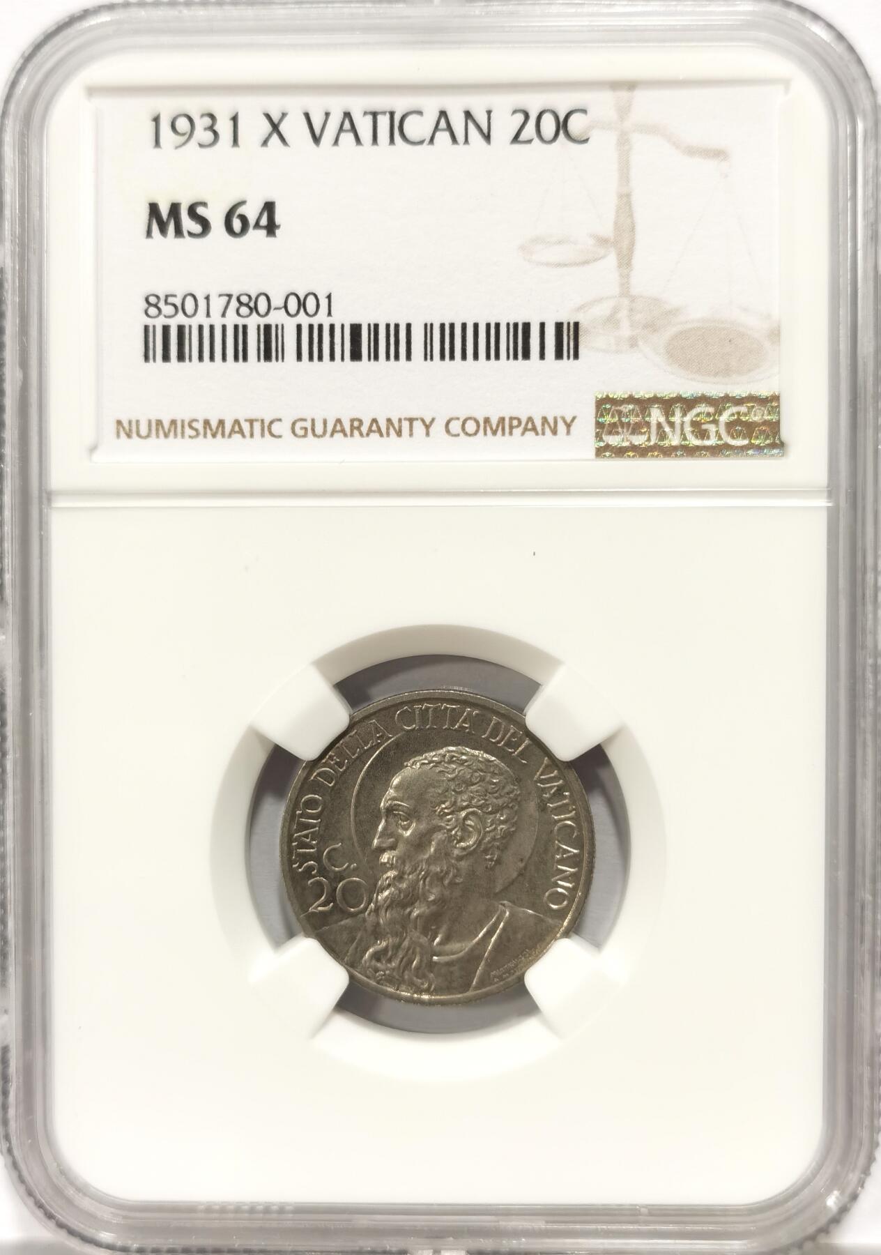 博洋堂世界钱币拍卖第136期（全场包邮） NGC MS64 梵蒂冈1931年20C镍币
