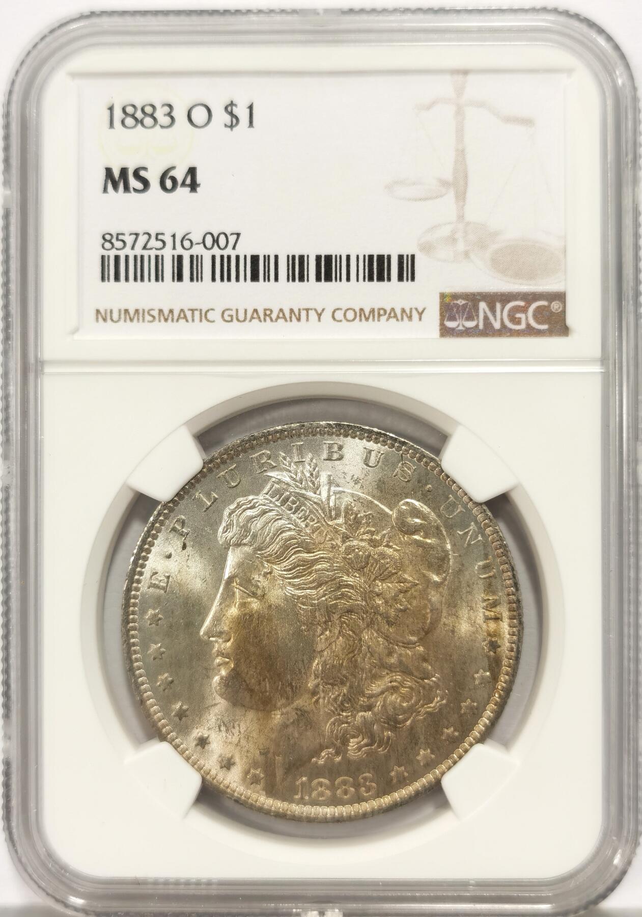 博洋堂世界钱币拍卖第136期（全场包邮） NGC MS64 美国1883年O版摩根，币面烟熏五彩，值得收藏
