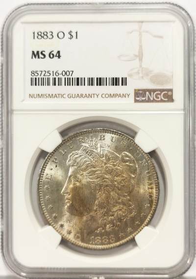 博洋堂世界钱币拍卖第136期（全场包邮） - NGC MS64 美国1883年O版摩根，币面烟熏五彩，值得收藏