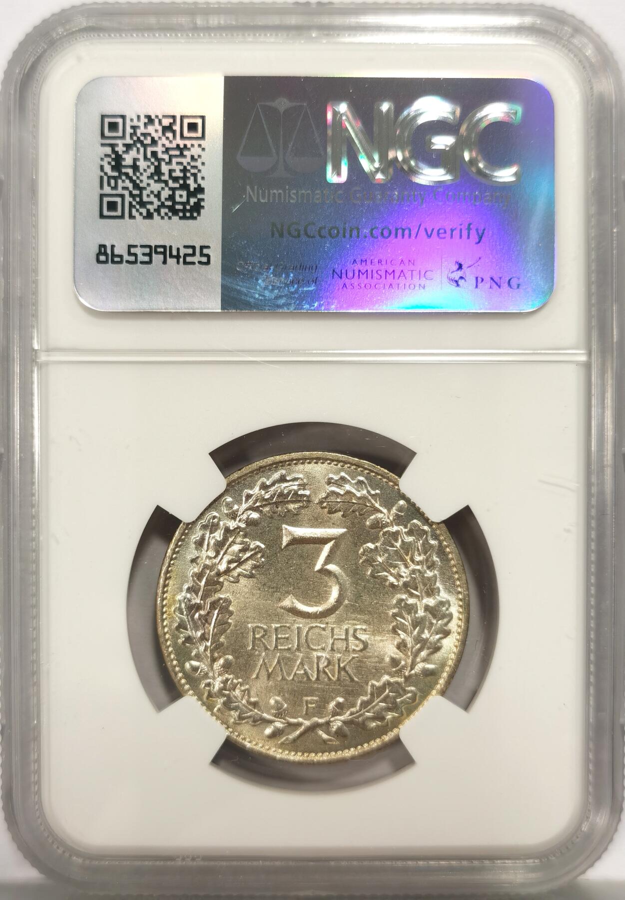 博洋堂世界钱币拍卖第136期（全场包邮） NGC MS64 德国魏玛1925年莱茵千年3马克银币 黄油彩状态极佳