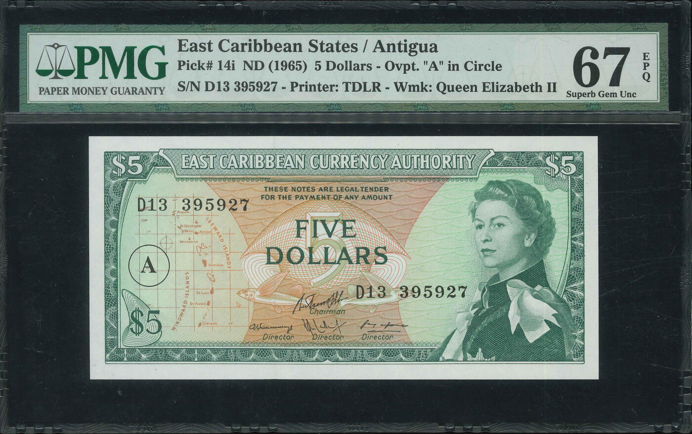 悠历世界钱币拍卖 世界钱币拍卖 East Caribbean States, 1965, 5 Dollars, P-14i, S/N. D13 395927, PMG 67EPQ.
