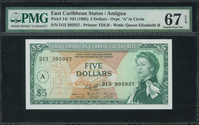 悠历世界钱币拍卖 世界钱币拍卖 - East Caribbean States, 1965, 5 Dollars, P-14i, S/N. D13 395927, PMG 67EPQ.
