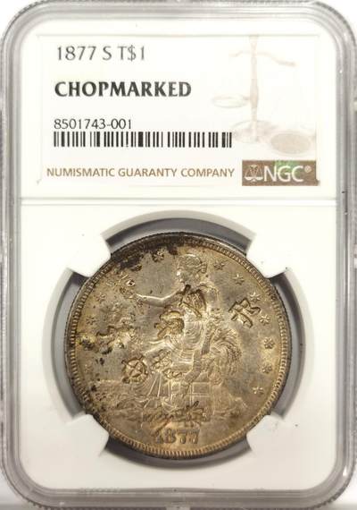 博洋堂世界钱币拍卖第136期（全场包邮） - NGC CHOPMARKED 美国贸易银1877s，AU底板有多个清晰汉字戳记和画押，美国贸易银（拿花）作为晚清流入广东福建一带的银元被钱庄打戳才能使用，随着拿花被回收，这些打戳的拿花也成了历史。