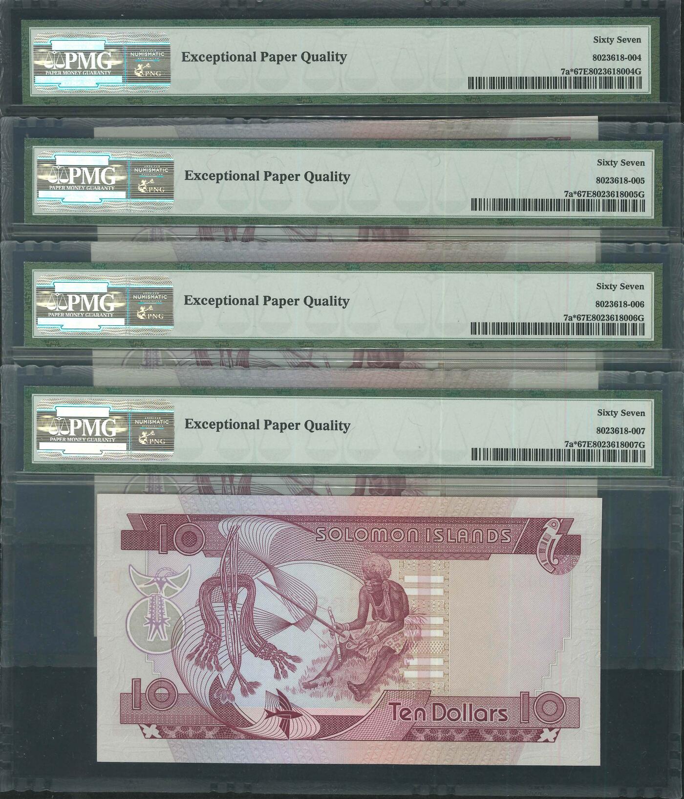 悠历世界钱币拍卖 世界钱币拍卖 Solomon Islands, 1977, 10 Dollars, P-7a*, S/N. Z/1 009365-368, Replacement, PMG 67EPQ. 4 consecutive.