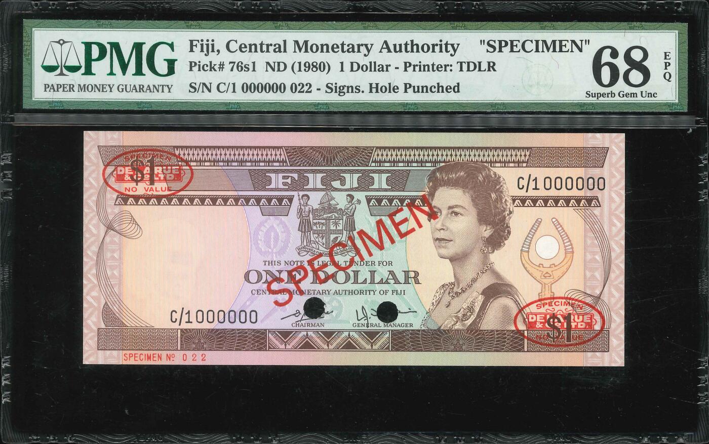 悠历世界钱币拍卖 世界钱币拍卖 Fiji, 1980, 1 Dollar, P-76s1, S/N. C/1 000000 022, Specimen, PMG 68EPQ.