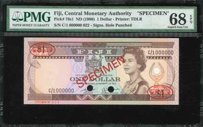 悠历世界钱币拍卖 世界钱币拍卖 - Fiji, 1980, 1 Dollar, P-76s1, S/N. C/1 000000 022, Specimen, PMG 68EPQ.