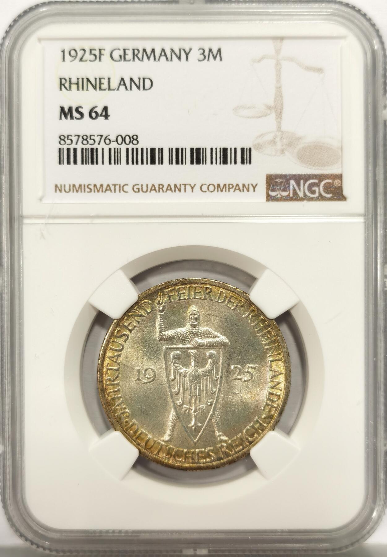 博洋堂世界钱币拍卖第136期（全场包邮） NGC MS64 德国魏玛1925年莱茵千年3马克银币 黄油彩状态极佳