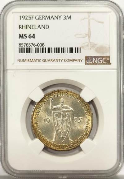 博洋堂世界钱币拍卖第136期（全场包邮） - NGC MS64 德国魏玛1925年莱茵千年3马克银币 黄油彩状态极佳