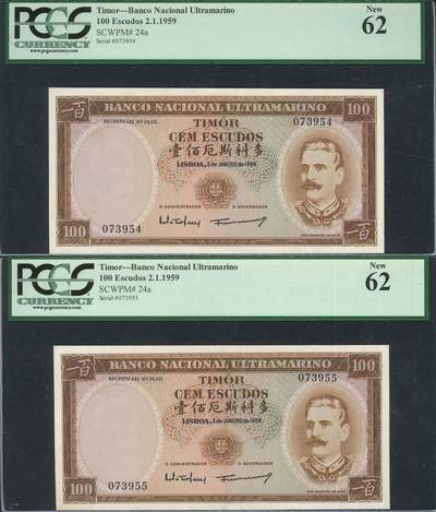 悠历世界钱币拍卖 世界钱币拍卖 - Timor, 1959, 100 Escudos, P-24a, S/N. 073954-955, PCGS 62. 2 consecutive.