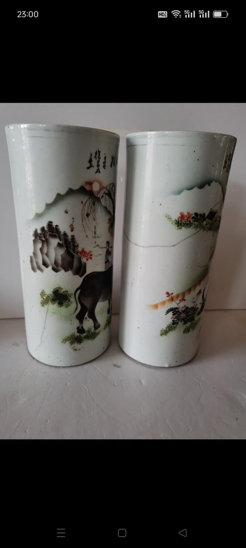 民国时期牧童晚归图帽筒1对。江西名家徐昌太出品。都有冲线，不少肉。如图包老
