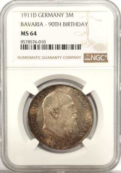 博洋堂世界钱币拍卖第136期（全场包邮） - NGC MS64 德国巴伐利亚1911年柳特波德3马克银币