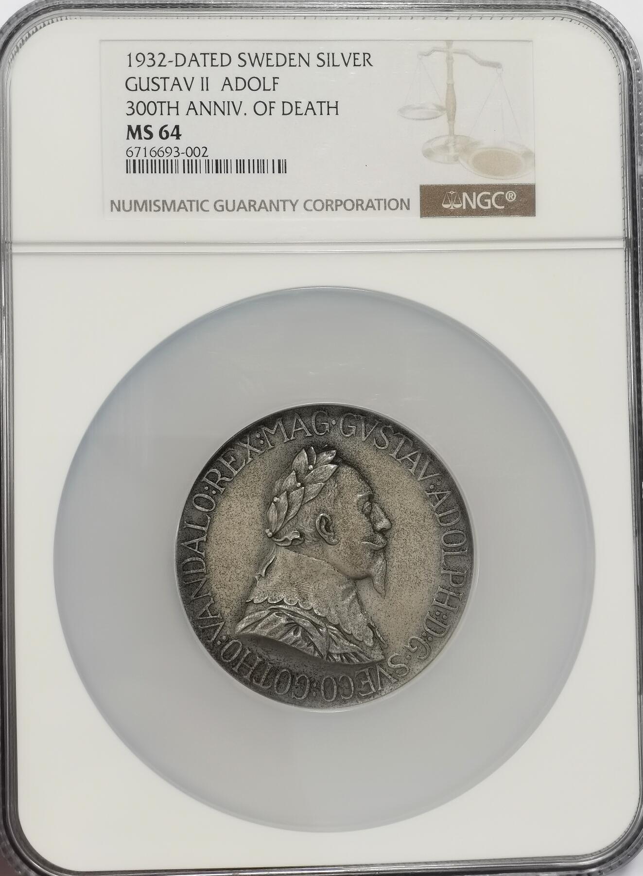 博洋堂世界钱币拍卖第136期（全场包邮） NGC MS64 唯一冠军！瑞典纪念阿道夫古斯塔夫2世逝世300周年，60mm巨大厚重，加大加厚盒子。