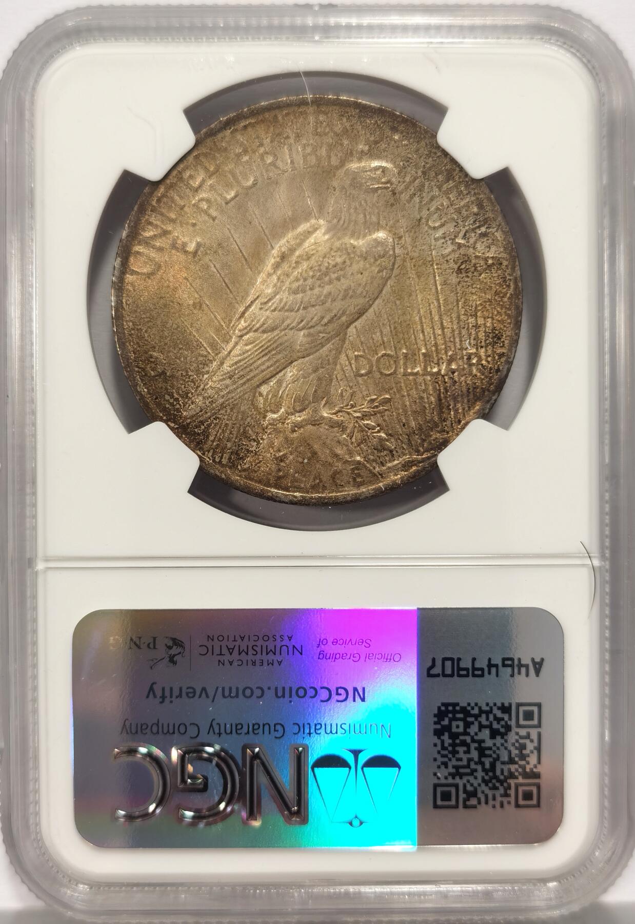 博洋堂世界钱币拍卖第136期（全场包邮） NGC MS64 美国1923年和平银币，币面金彩，值得收藏