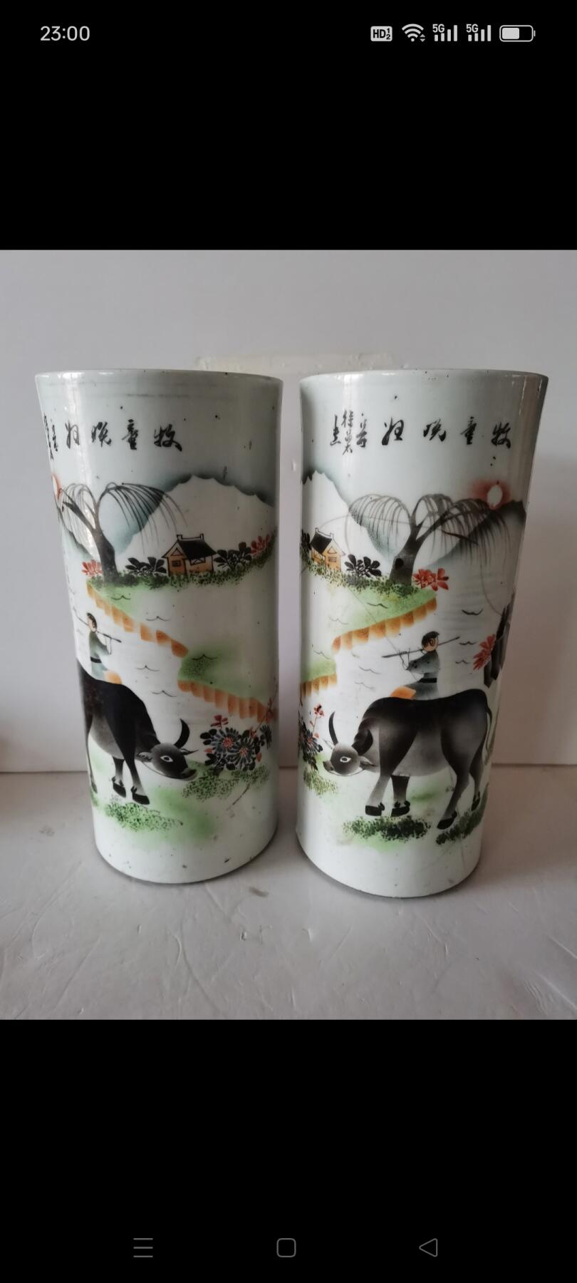 民国时期牧童晚归图帽筒1对。江西名家徐昌太出品。都有冲线，不少肉。如图包老
