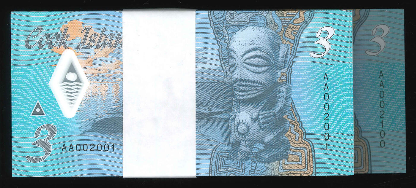悠历世界钱币拍卖 世界钱币拍卖 Cook Islands, 2021, 3 Dollars, P-11a, S/N. AA002001-100, First Prefix, UNC. Bundle of 100 consecutive.