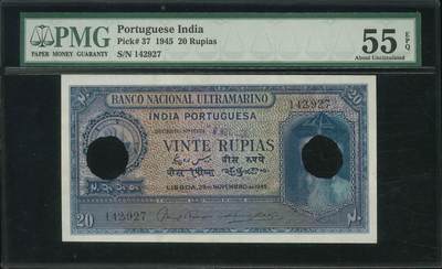 悠历世界钱币拍卖 世界钱币拍卖 - Portuguese India, 1945, 20 Rupias, P-37, S/N. 142927, PMG 55EPQ comment as hole cancelled.