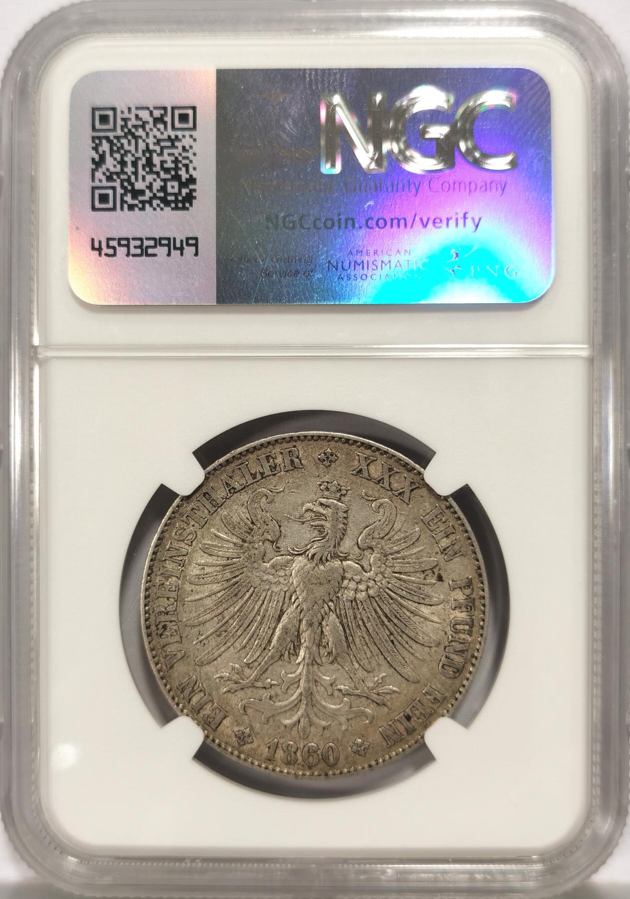 博洋堂世界钱币拍卖第136期（全场包邮） NGC AU50 德国法兰克福1860年少女泰勒，原汁原味