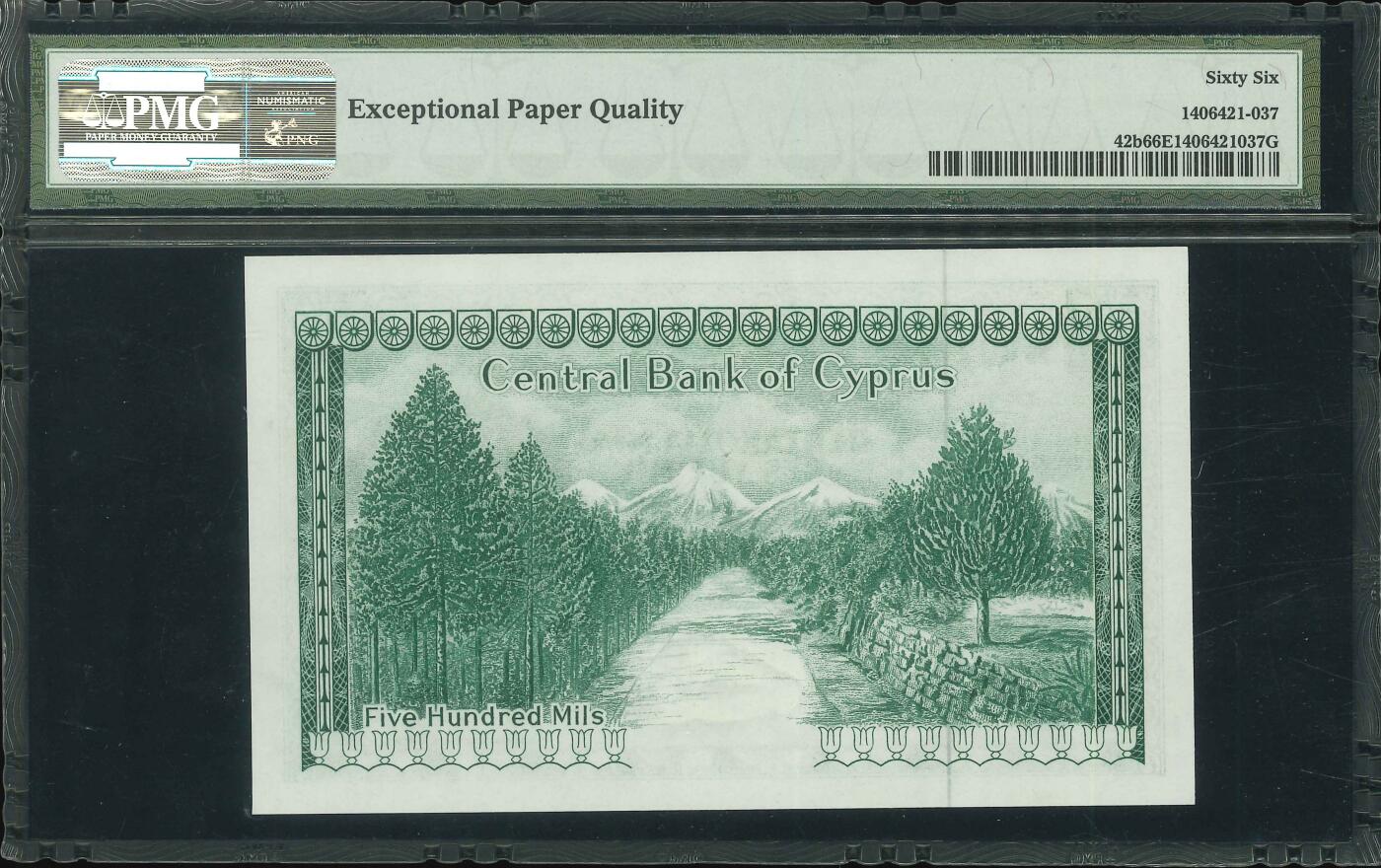 悠历世界钱币拍卖 世界钱币拍卖 Cyprus, 1973, 500 Mils, P-42b, S/N. H/29 202222, PMG 66EPQ.