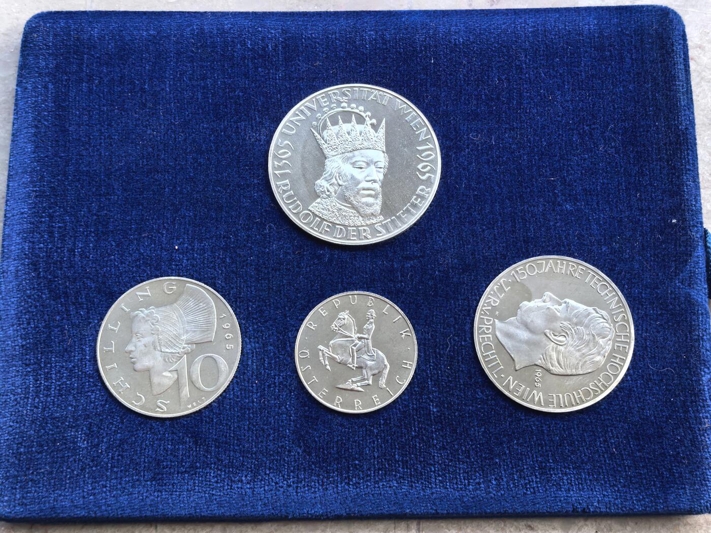 博洋堂世界钱币拍卖第136期（全场包邮） 奥地利1965年精制银币套 5/10/25/50先令 维也纳大学600周年 12.7克640银13克800银20克900银 发行量：10万 盒证全