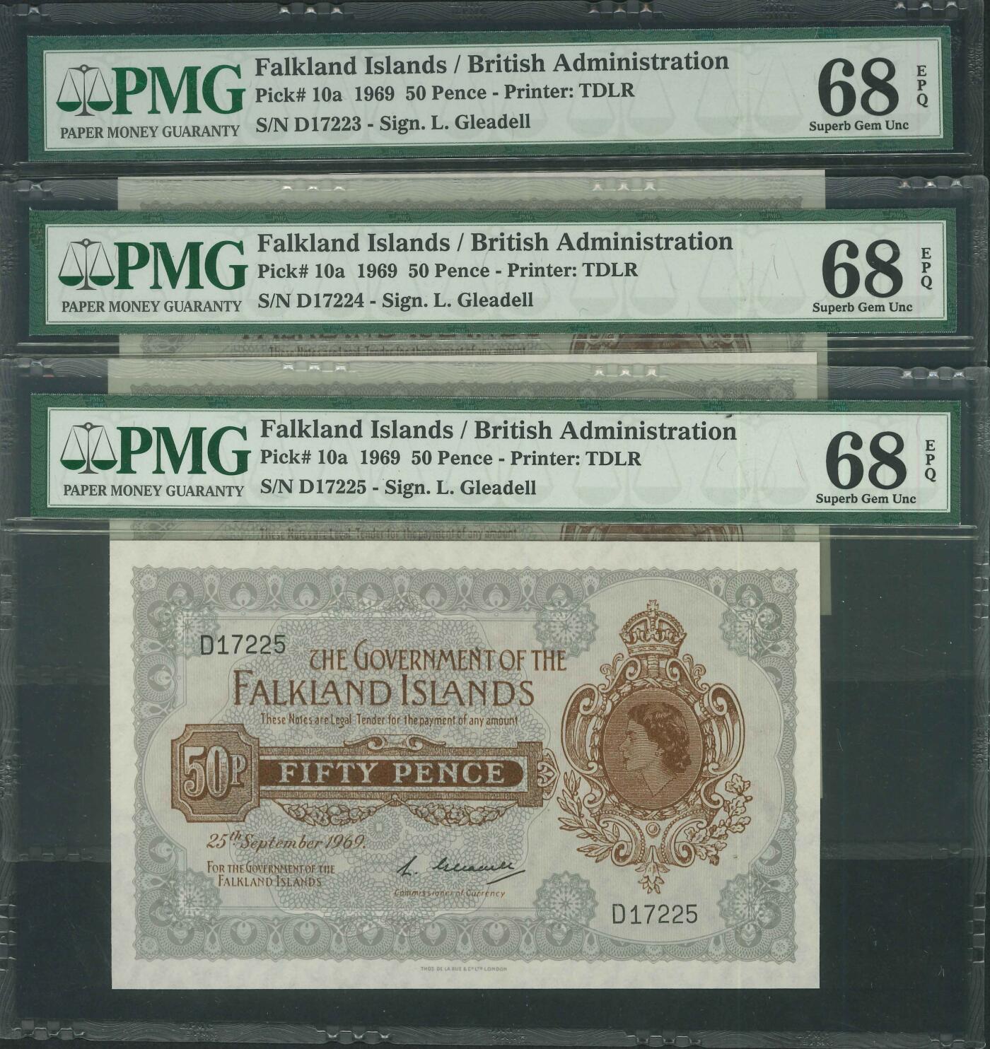 悠历世界钱币拍卖 世界钱币拍卖 Falkland Islands, 1969, 50 Pence, P-10a, S/N. D17223-225, PMG 68EPQ. 3 consecutive.