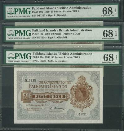 悠历世界钱币拍卖 世界钱币拍卖 - Falkland Islands, 1969, 50 Pence, P-10a, S/N. D17223-225, PMG 68EPQ. 3 consecutive.