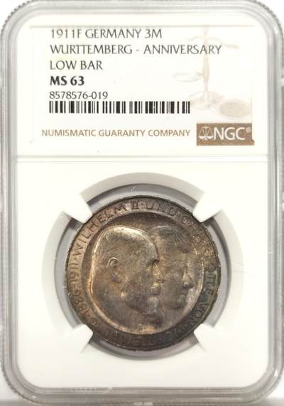 博洋堂世界钱币拍卖第136期（全场包邮） - NGC MS63 德国符腾堡1911年银婚纪念3马克银币 五彩带光