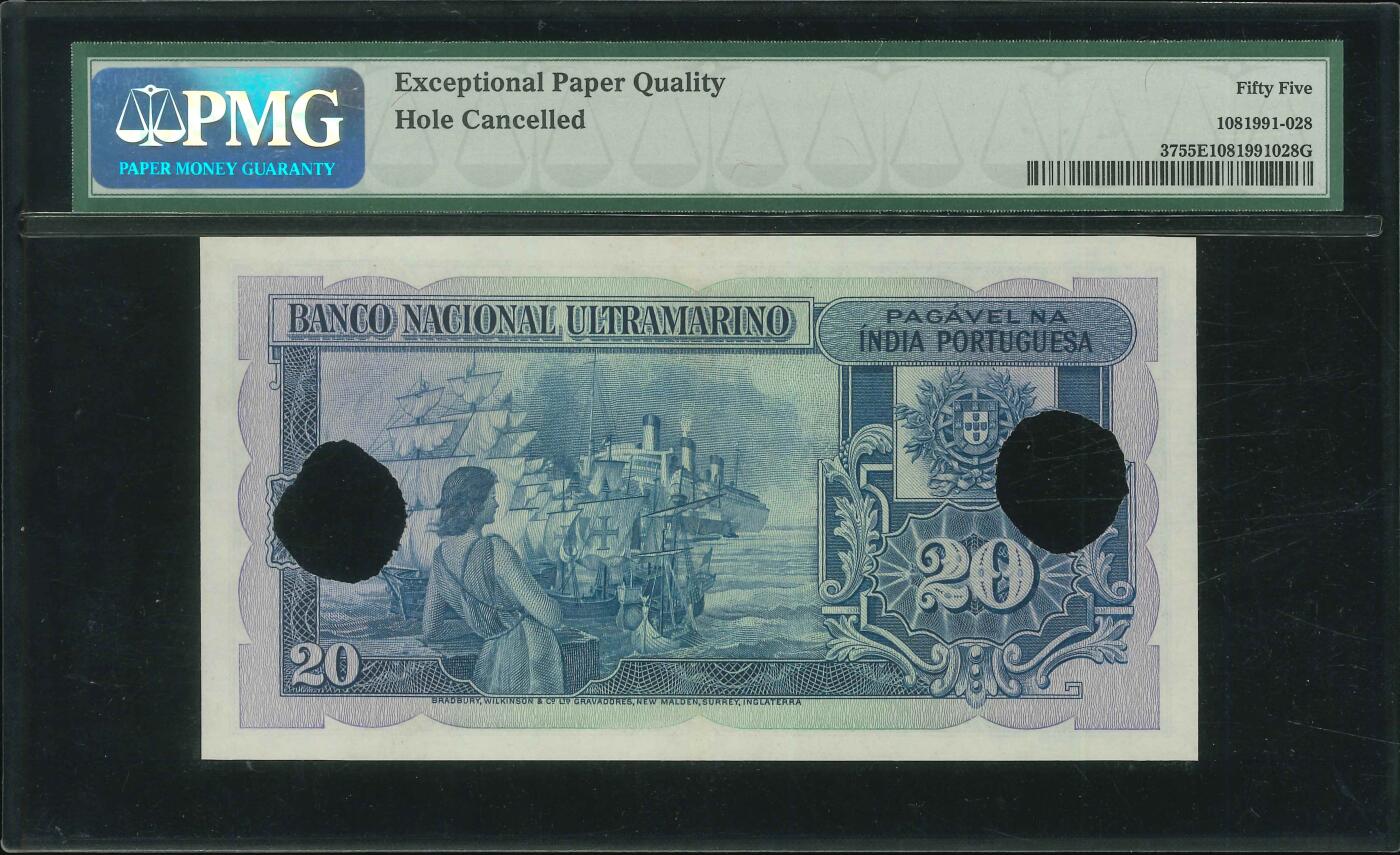 悠历世界钱币拍卖 世界钱币拍卖 Portuguese India, 1945, 20 Rupias, P-37, S/N. 348898, PMG 55EPQ comment as hole cancelled.
