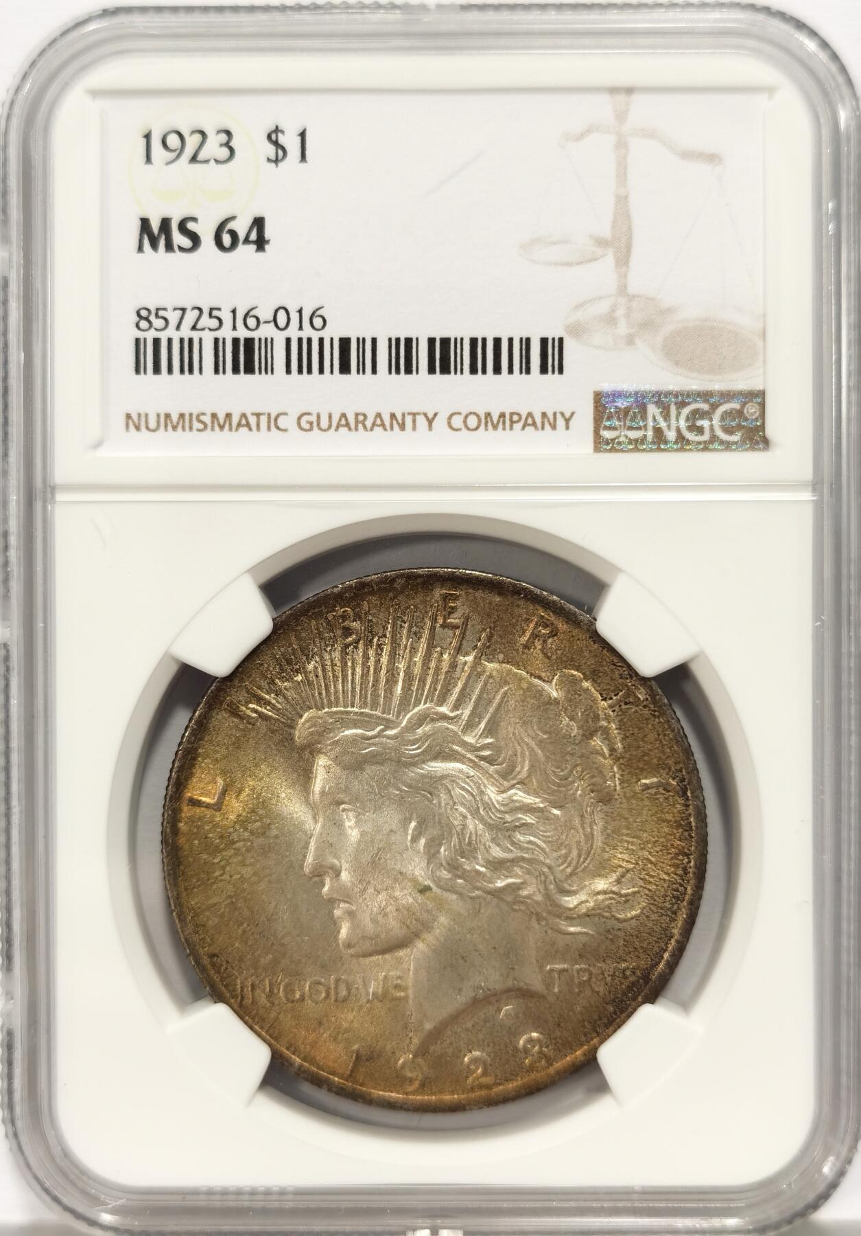 博洋堂世界钱币拍卖第136期（全场包邮） NGC MS64 美国1923年和平银币，币面金彩，值得收藏