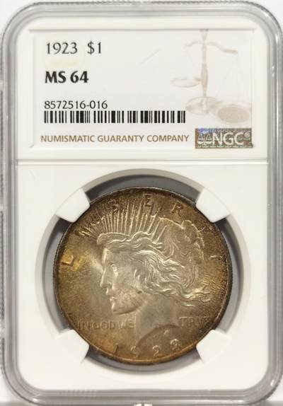 博洋堂世界钱币拍卖第136期（全场包邮） - NGC MS64 美国1923年和平银币，币面金彩，值得收藏