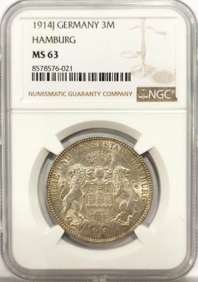 博洋堂世界钱币拍卖第136期（全场包邮） - NGC MS63 德国汉堡1914年3马克银币 细节光感好