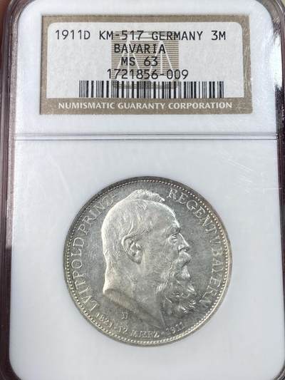 万国钱币拍卖第052期 - NGC MS63 1911年德国巴伐利亚利奥波德亲王90大寿纪念3马克 原味银霜转光